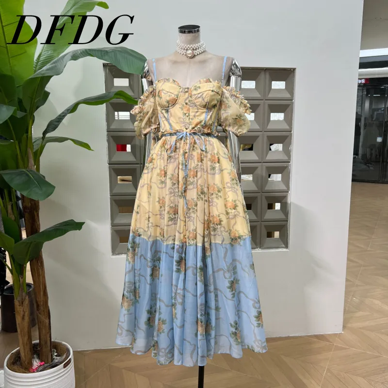 DFDG 2025 femmes Vintage Boho imprimé fleuri bouton avant Maxi robe bouffante manches courtes soyeux TouchSpring été décontracté fête