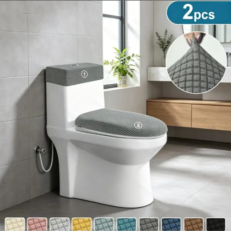 Image of 2 Teile/satz FleeceToilet Sitz Abdeckung Elastische Einfarbig Wc Deckel und Tank Abdeckungen Wc Kissen Pad Schutz Fall für Home Hotel