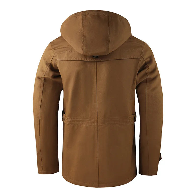 Men's Mid-length Jacket Spring and Autumn Hooded Multi-pocket Slim-fit Wear-resistant Winter Outdoor Work Jacket Men's