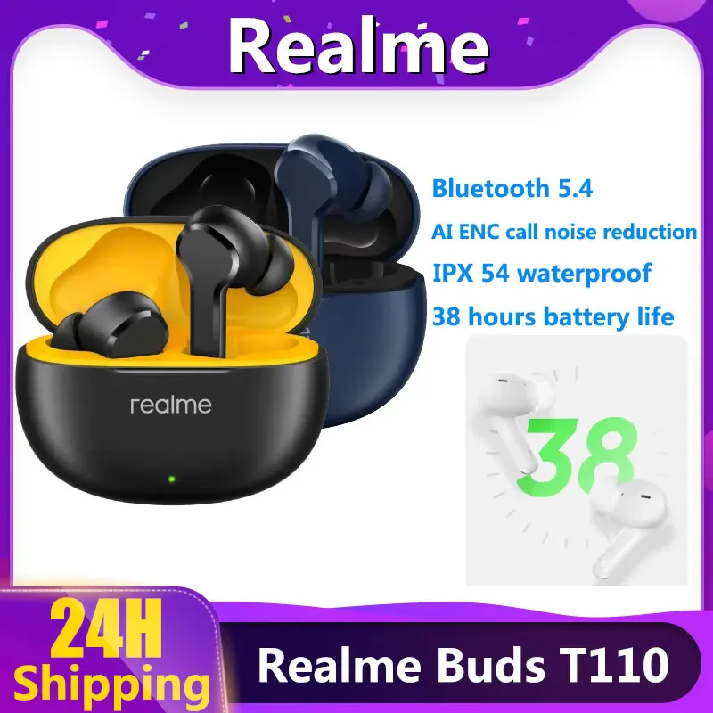 Realme TechLife Buds T110 Bluetooth 5.4 AI ENC Ture Wireless Headphones 38H Long Battery Life TWS IPX5 Waterproof Sport Headset