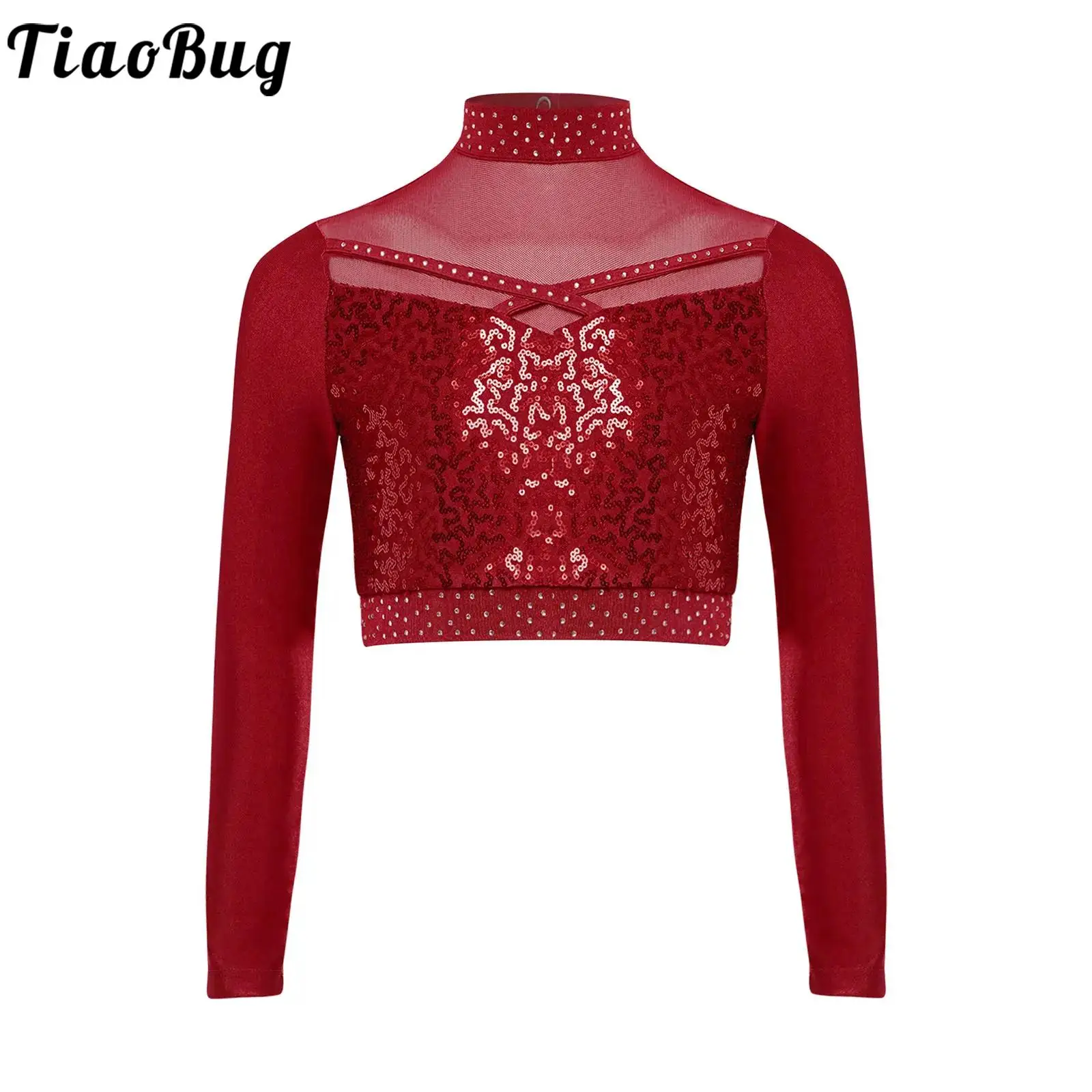 

Kid Girls Jazz Dance Performance Costume Modern Figure Skating Dance Long Sleeve Sheer Mesh Patchwork Sequins Crop Top Dancewear