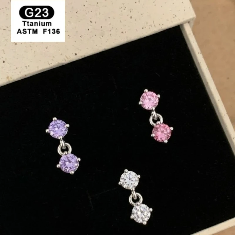 G23 Gemstone Earring Double Stone Dangle Design Sparkly F136 Purple Pendant Stud Women Adult Sophisticated Trendy Jewelry