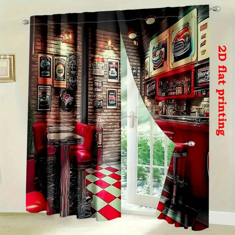Retro Diner Curtain, Vintage Bar Counter Print Drape, Red Checkered Floor Cafe Scenery Window Treatment for Living Room Kitchen