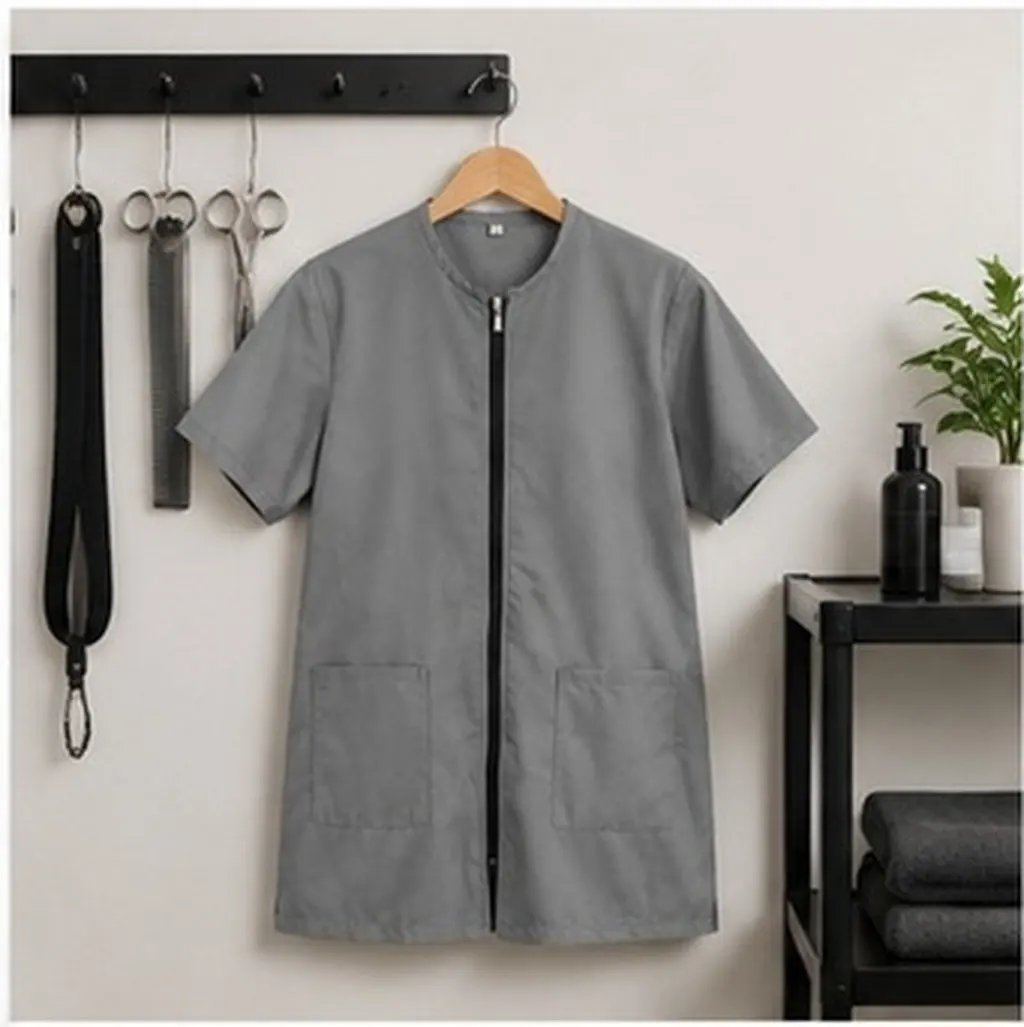 Dog Grooming Smock Waterproof Short Sleeve Zipper Pocket Anti Static Hair Resistant Pet Grooming Jacket Salon Uniform
