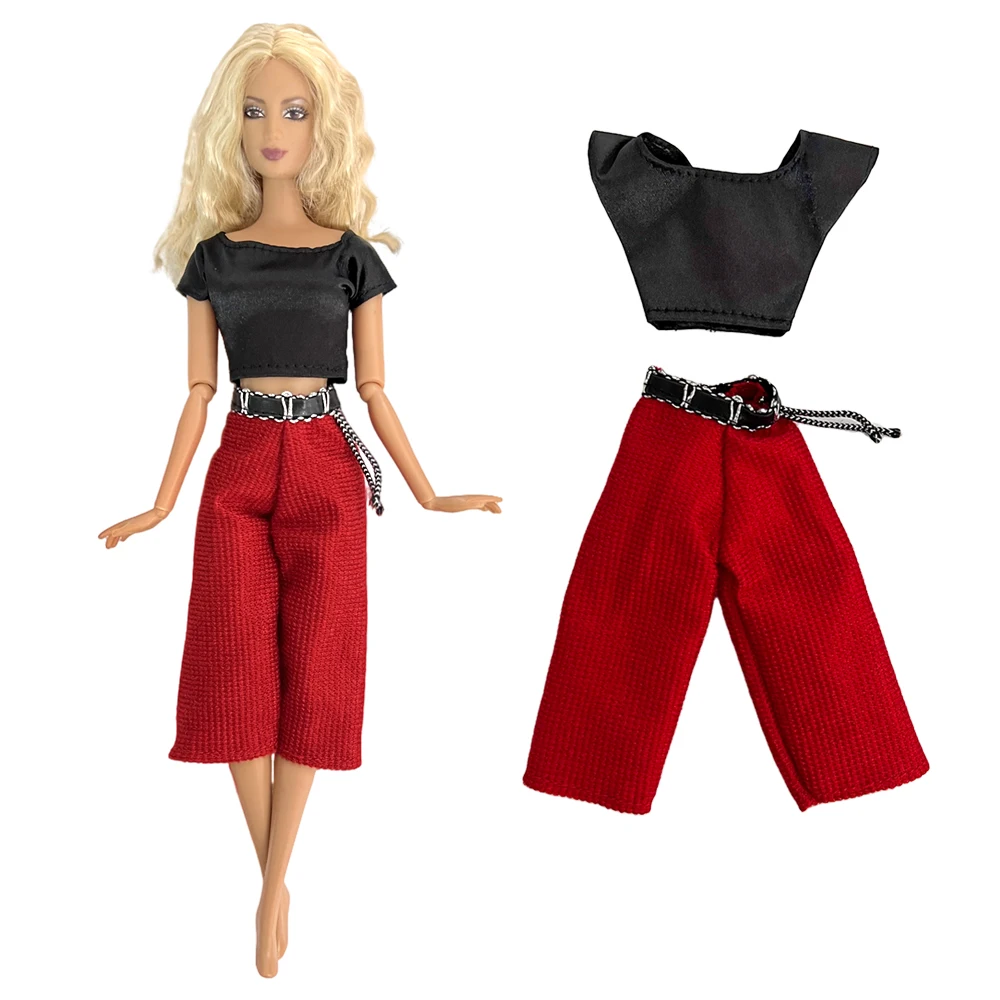 1 Set Daily Outfit  for Barbie Clothes Fashion Dolls Accessories Black Shirt Red Trouseres Casual Wear Suit Dollhouse Kids Toys