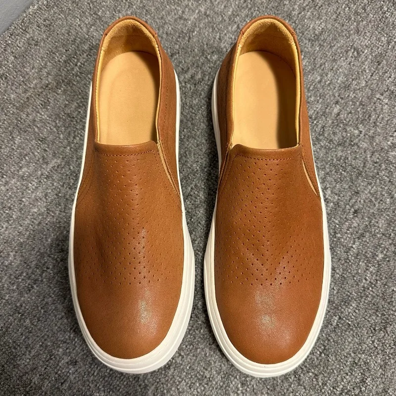 Summer Slip on Flats Men Loafers Street Hiking Casual Shoes Genuine Leather Comfortable Breathable Outdoor Skate Shoes