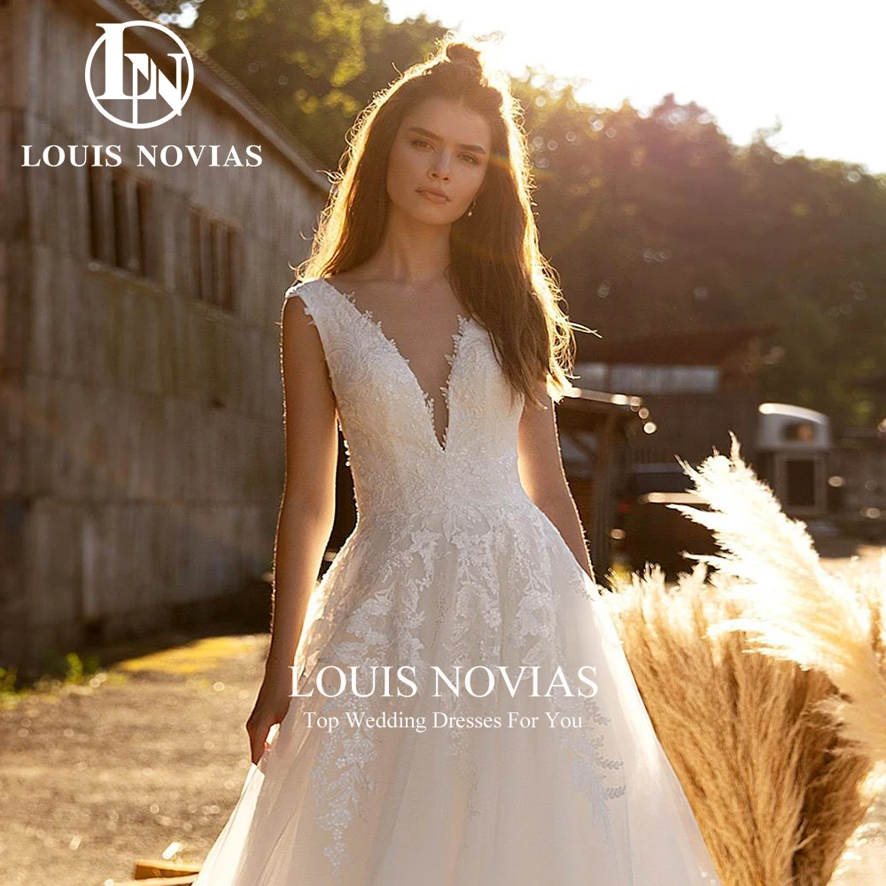 LOUIS NOVIAS Lace Wedding Dresses Sexy Romantic Backless Sequined Brush Train Bridal Gown A-Line V-neck zipper Vestidos De Novia