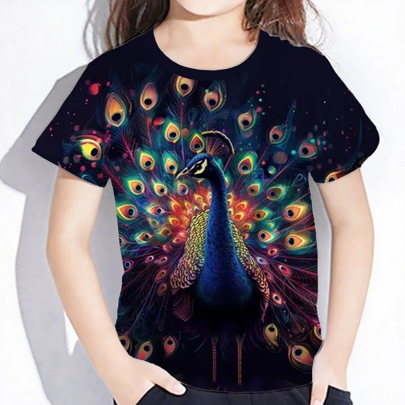 Girls Clothes 3D Printed Beautiful Peacock T-Shirt Children Clothing for 2-10Y Summer Short Sleeve T Shirt Casual Colorful Tops