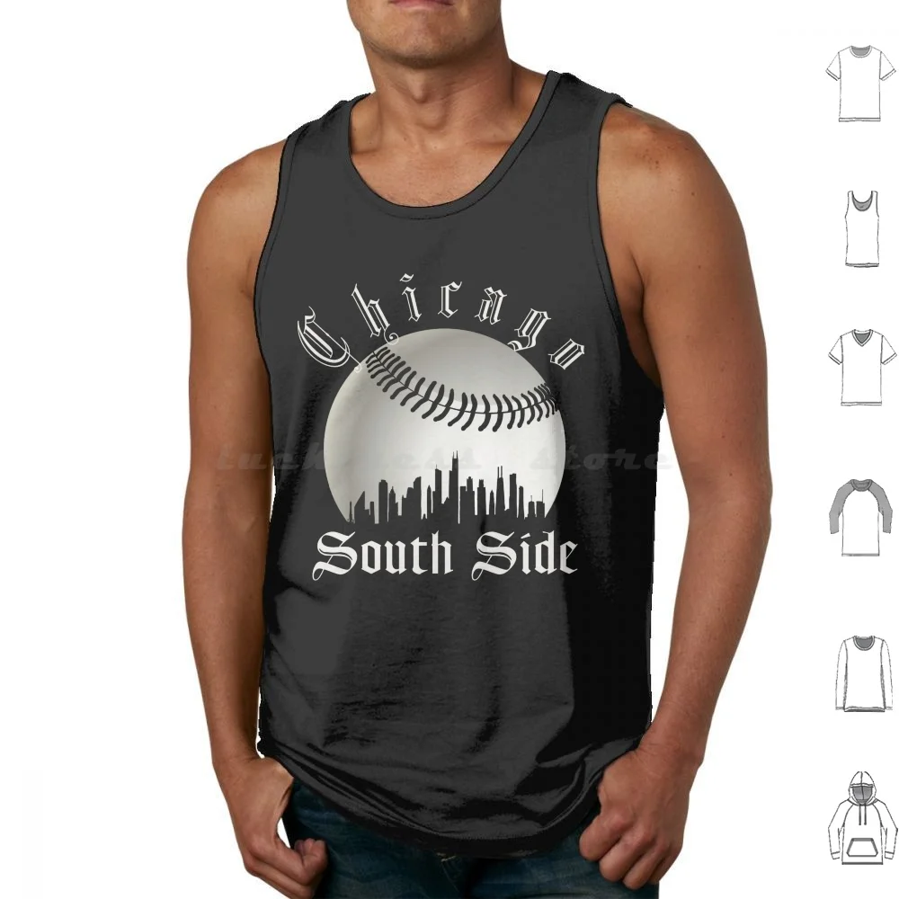 Camisetas sin mangas vintage de los Chicago White Sox con estampado del horizonte urbano de Chicago, modelo South Side Sox, con la frase 'I Still Call It Comiskey', de algodón.