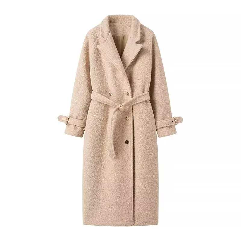 Tangada Women Khaki Long Teddy Coat Loose Long Sleeves Pocket 2024 Winter Ladies Elegant Overcoat JA044