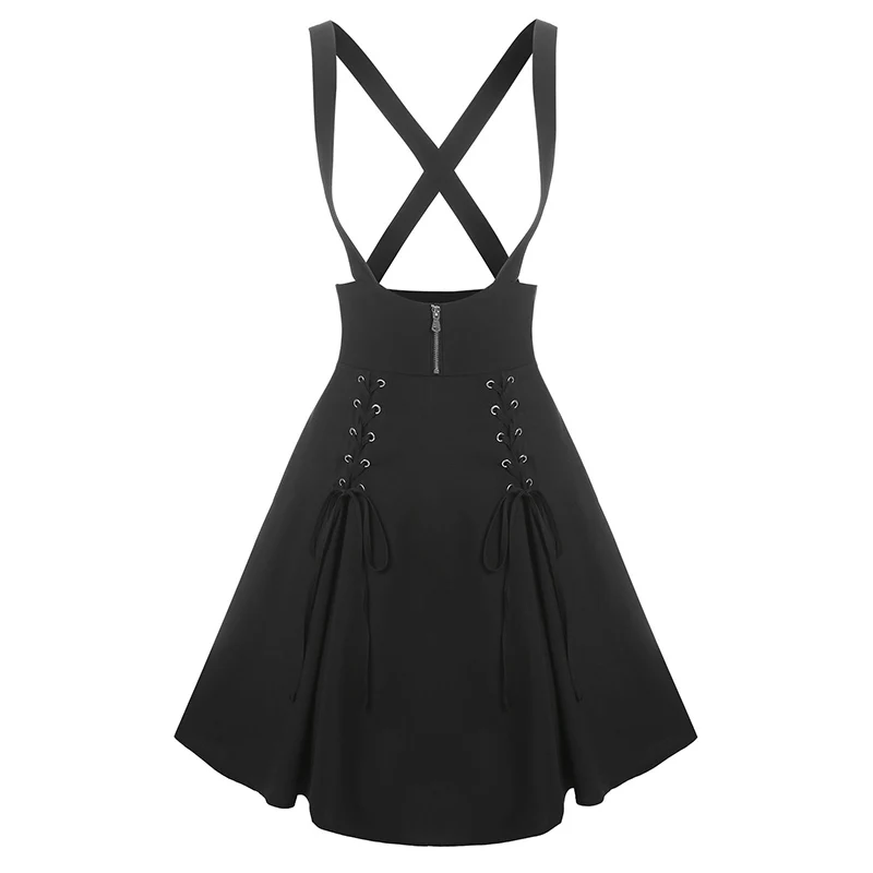 Dressfo 2025 New Women's Gothic Skirt Zipper Fly A-Line Crisscross Lace Up Suspender Skirt