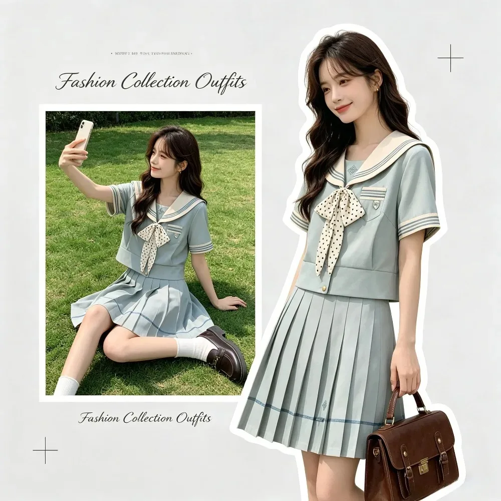 

Women's Mint Japanese College Style JK School Uniform Set, Sailor Suit&High‑Waist Pleated Skirt for Campus Daily Casual Wear