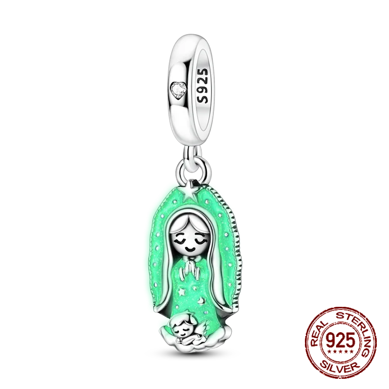 925 Sterling Silver Our Lady of Guadalupe Charm Glow in The Dark Angel Dangle Luminous Fit Bracelets Jewelry Gift for Women