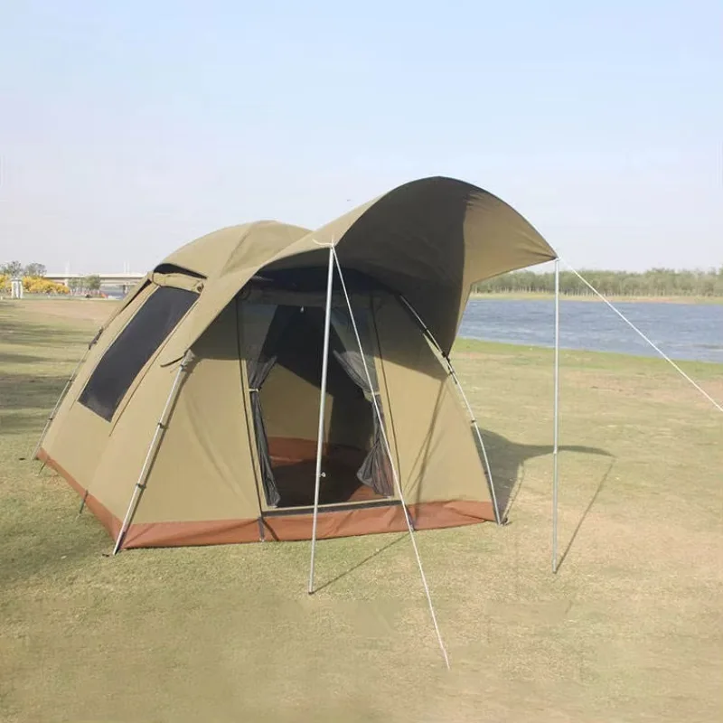 Outdoor Canvas Family 3-4 Person House Dome Camping Tent with Outside Roof and a Front Awning