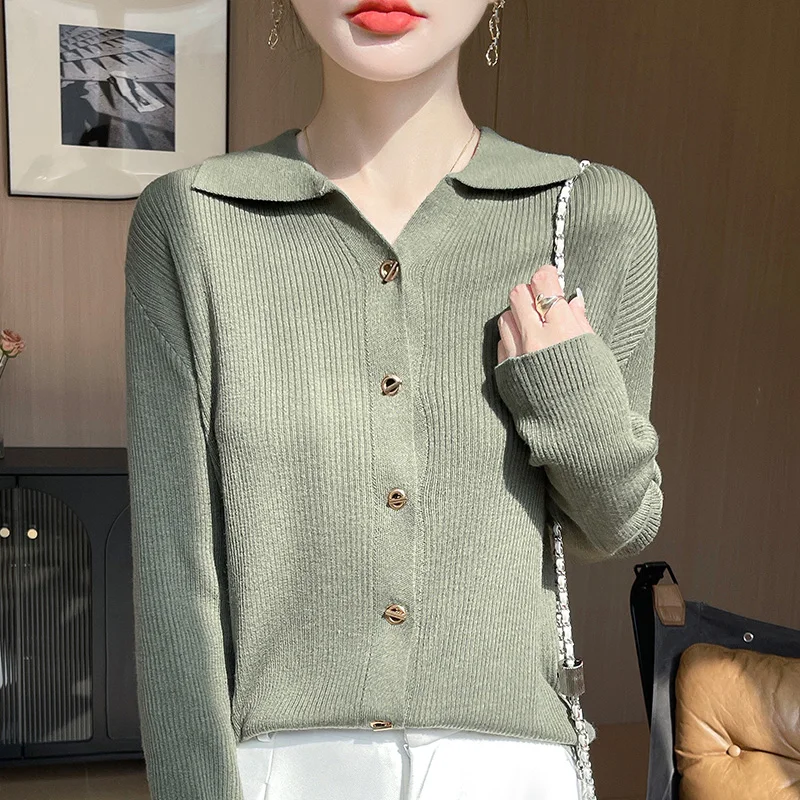 Primavera e outono novo polo manga longa base de lã design premium cor sólida gola de malha cardigan camisola casaco topo