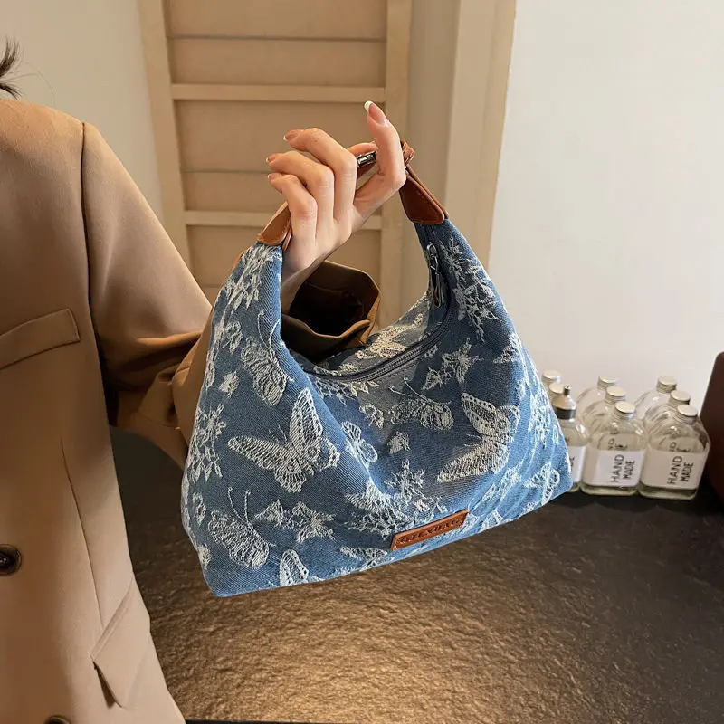 

Retro Lace Embroidery Handbag Women Butterfly Denim Large Capacity Shoulder Bag Ladies Fashion Lightweight Casual Crossbody Bags
