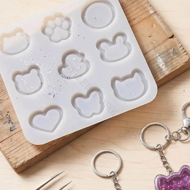 R7UF Silicone Shaker Mold Set for Resin Keychain and Pendant Crafts, 2 Tray Animal and Heart Casting Molds for DIY Charm Making