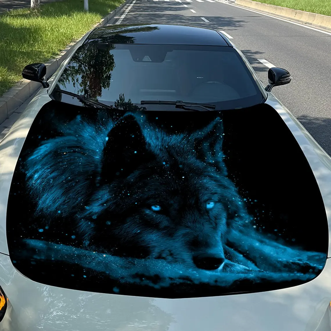 

Night Blue Star Wolf Car Vinyl Wrap, PVC Waterproof Car Hood Sticker, Self-Adhesive Scratch-Resistant Stickers for Engine Cover,