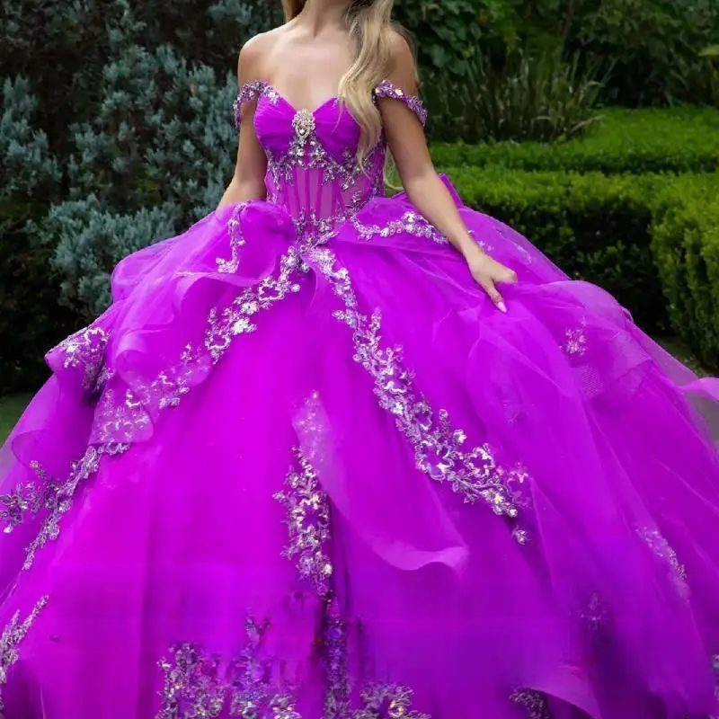 Personalizado de luxo roxo quinceanera vestidos tull brilho longo fora do ombro apliques arco vestido renda emparelhado a linha saia plissada