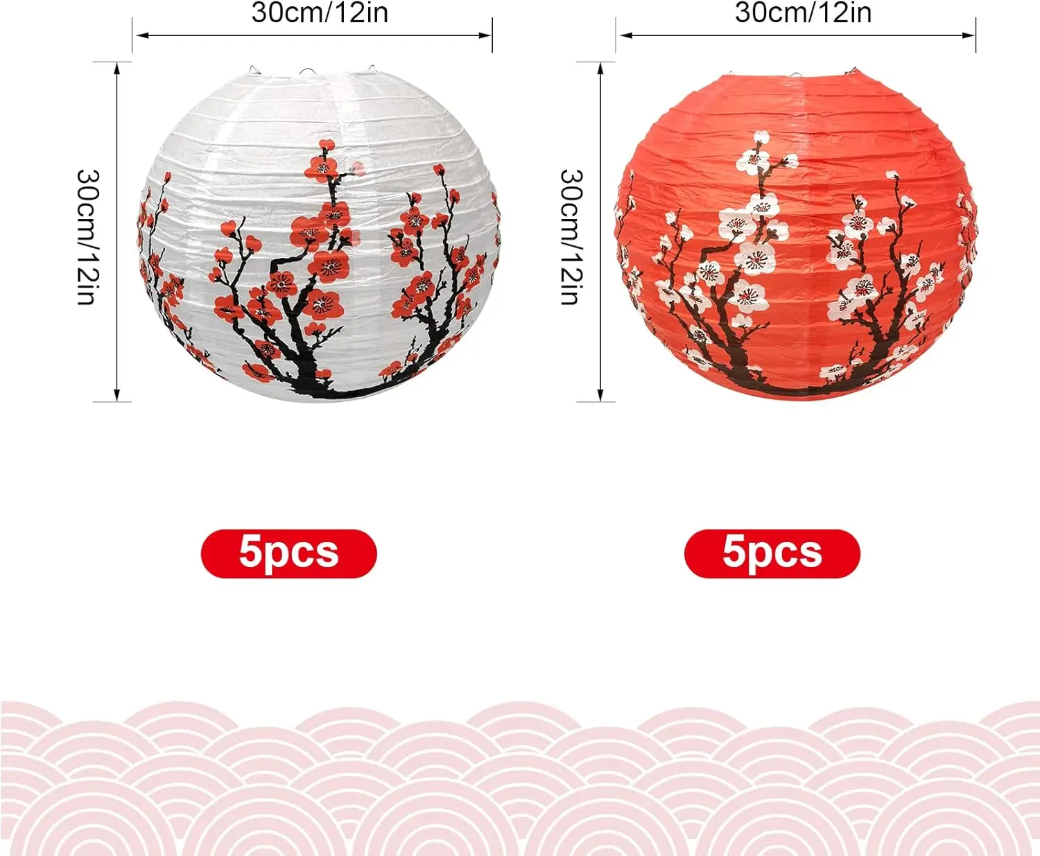 10 Cherry Flowers Paper Lanterns, 12 inch Blossom Lantern 5 Red + 5 White for Restaurant Home Wedding Party Decoration