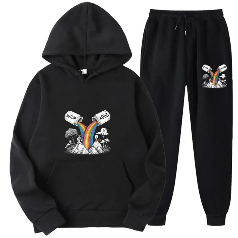 طقم هوديي سويت شيرت وسروال أسود مطبوع ثنائي القطب، ملابس كاجوال مريحة للرجال والنساء، أزياء الشارع