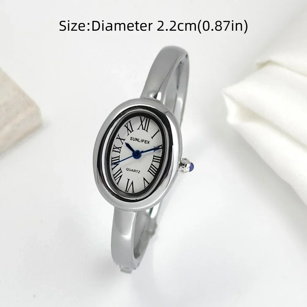 Simply Roman Numerals Bracelet Watch Diamond Decoration Oval Quartz Wristwatch Stainless Steel Jewelry Clasp Diamond Watch Woman