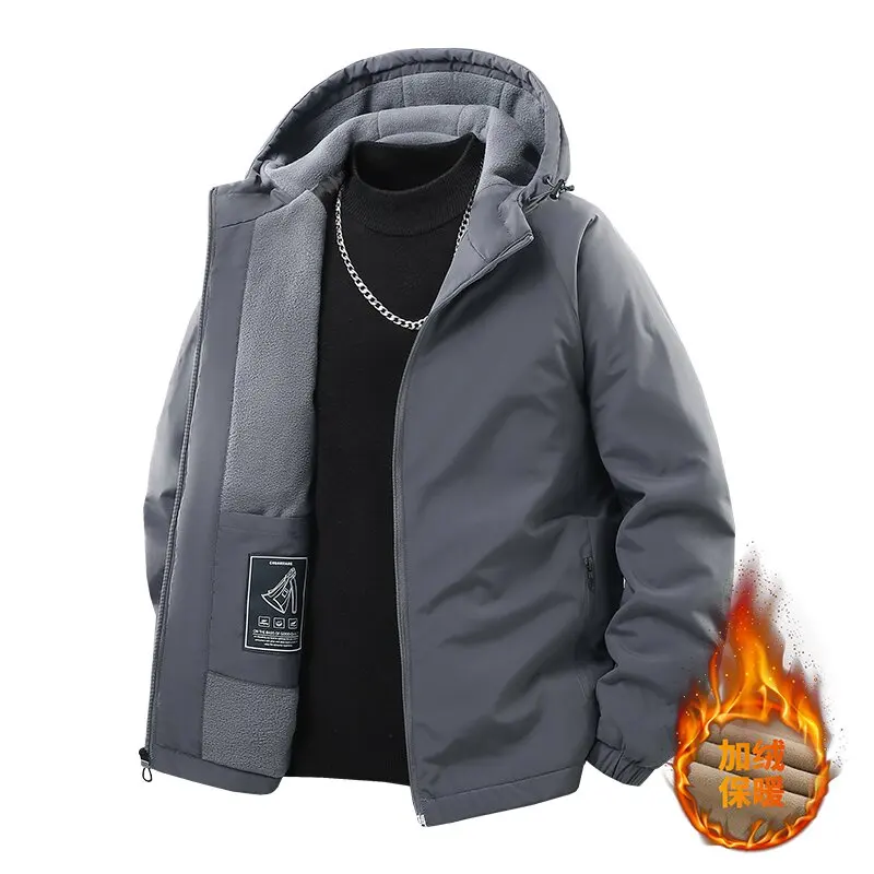 

Autumn and Winter Fashion Solid Color Waterproof and Plush Thick Warm Hooded Jacket For Men Loose Sports High-Quality Jacket