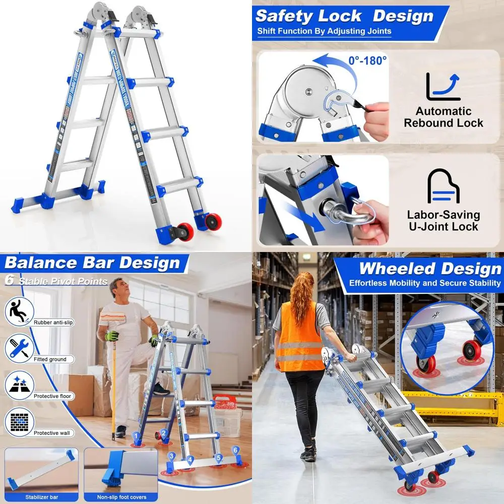 سلم تمديد قابل للطي بطول 14 قدمًا مع عجلات ومثبت لقدرة تحميل 330 رطل #1