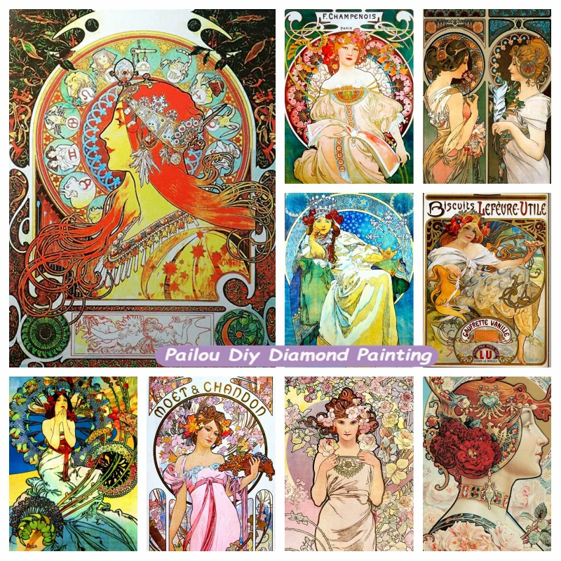 

5d Famous Zodiac Alphonse Maria Mucha Diamond Art Painting Crystal Cross Stitch Alfons Flower Woman Face Embroidery Room Decor