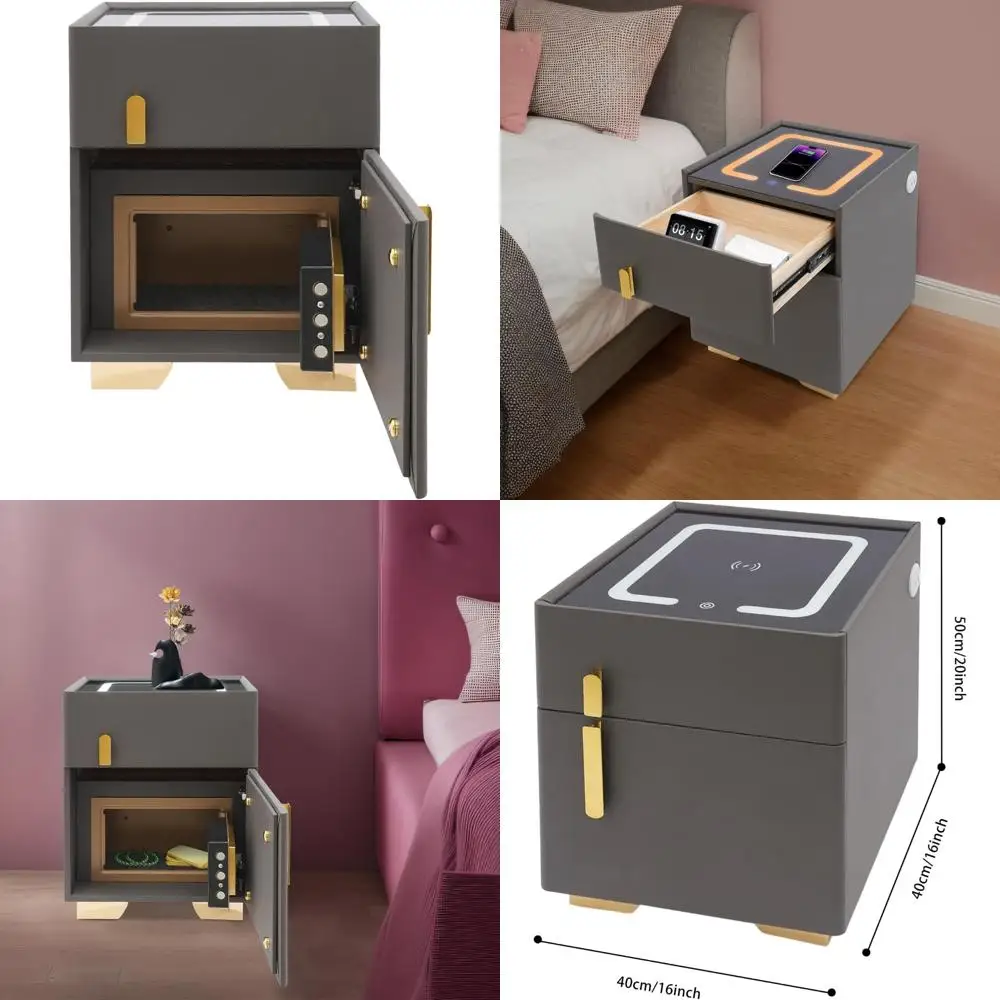 

Wireless Charging Nightstand with LED Lights, Modern End Table, Bedside Storage Safe, USB Charging Station