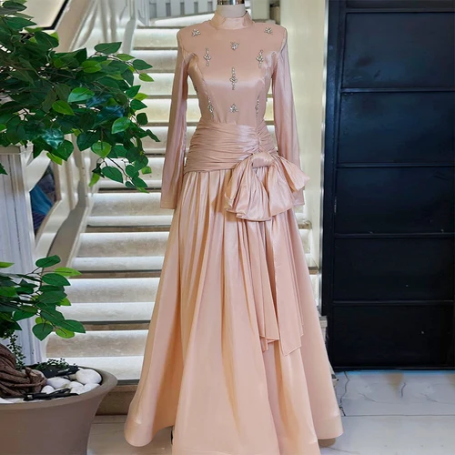 Imagen 1 del producto Vestidos de fiesta formales modestos para mujer 2025, vestidos de noche de manga larga con cuello alto, vestido largo de una línea con lazo de cristal para invitados de boda