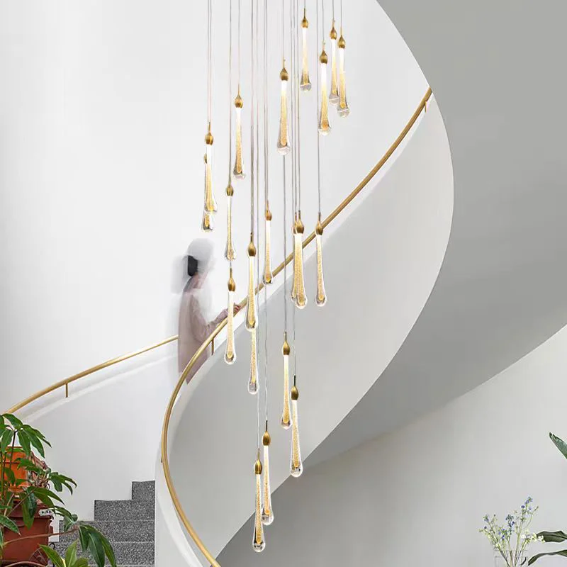 

Minimalist Water Drop Gold Crystal Shade LED Suspension Chandelier Lighting For Staircase Kitchen Island And Dining Room Ceiling