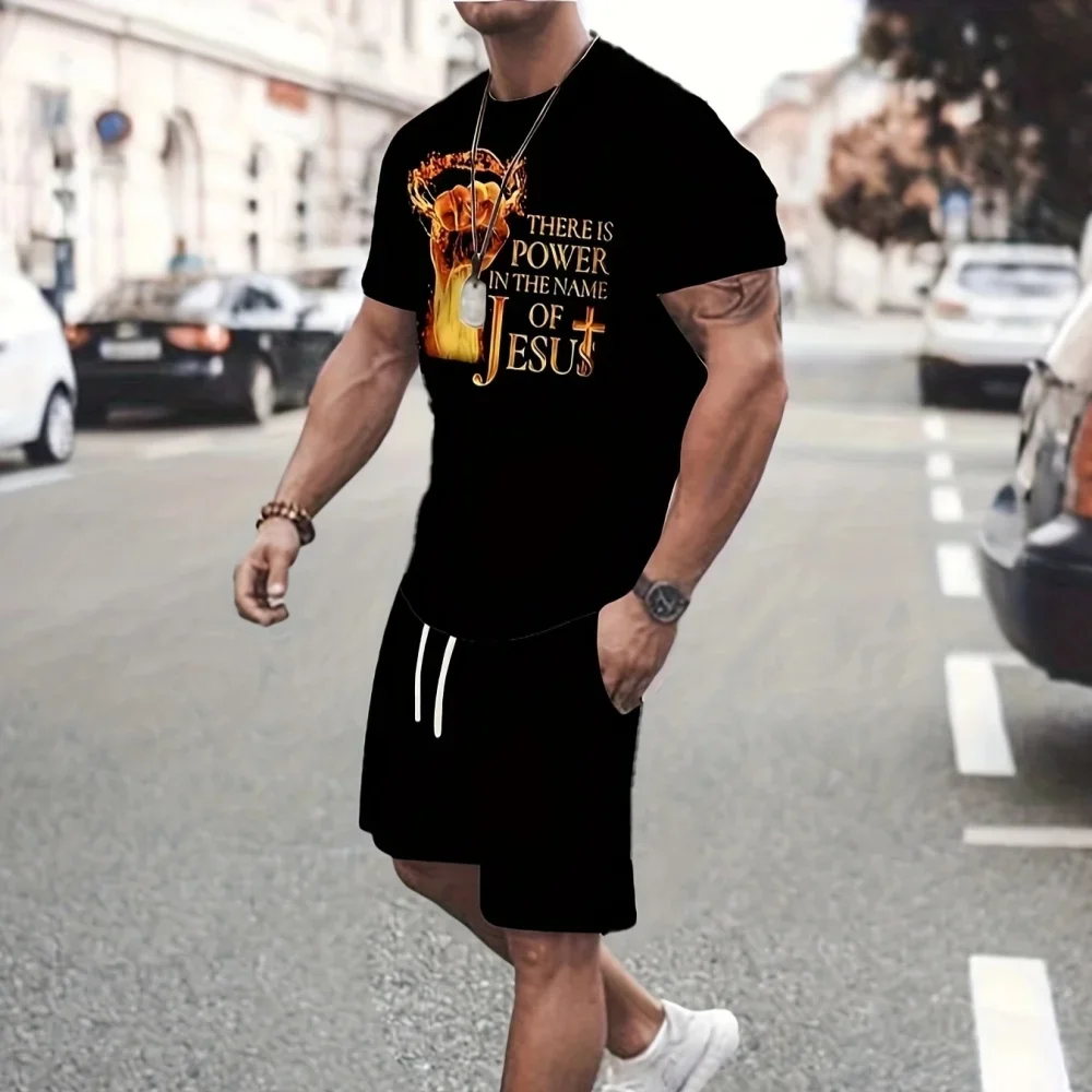 

3D Printing THERE IS POWER IN THE NAME OF JESUS. Quick-dry Breathable Sport Men's Plus-size Crew Neck Summer Suit