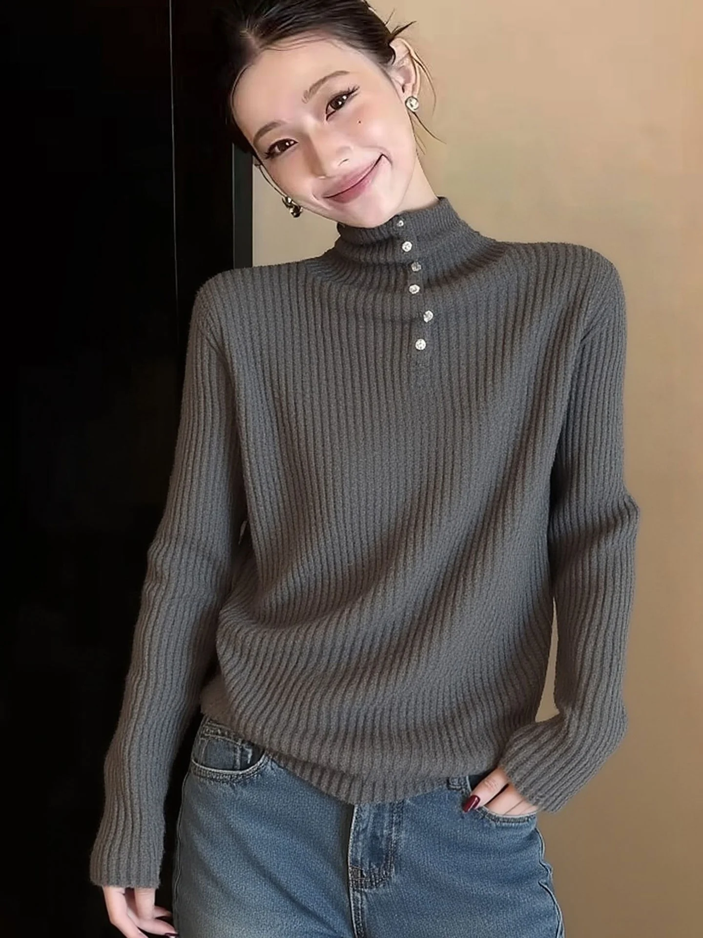 

Женский вязаный свитер Ele Pure Color с длинными рукавами: комфортный, теплый базовый слой для весеннего гардероба и повседневной носки