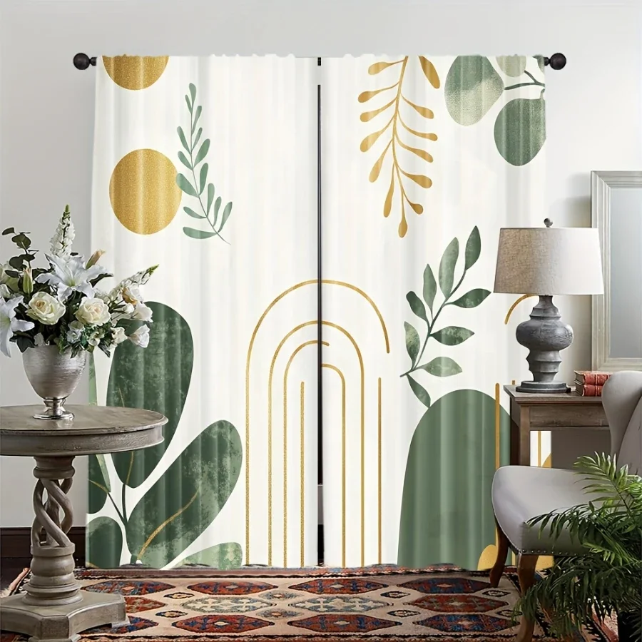 2PCS Digital Printed Curtains, Line Art Green Plant Pattern, Minimalist Botanical Style for Living Room Bedroom Home Decor