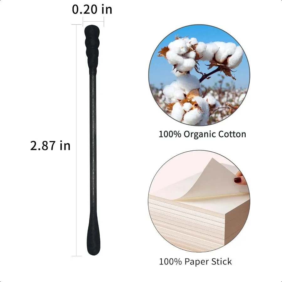 Kapas Hitam Spiral 600 Batang, Kapas Organik, Ujung Kapas Arang Dua Sisi Terbungkus Rapat, Tongkat Kertas Lembut dan Lembut