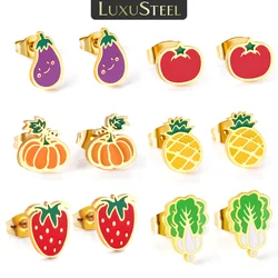 LUXUSTEEL Colorful Fruits Vegetables Stud Earrings For Little Girls Stainless Steel Strawberry Eggplant Christmas Jewelry