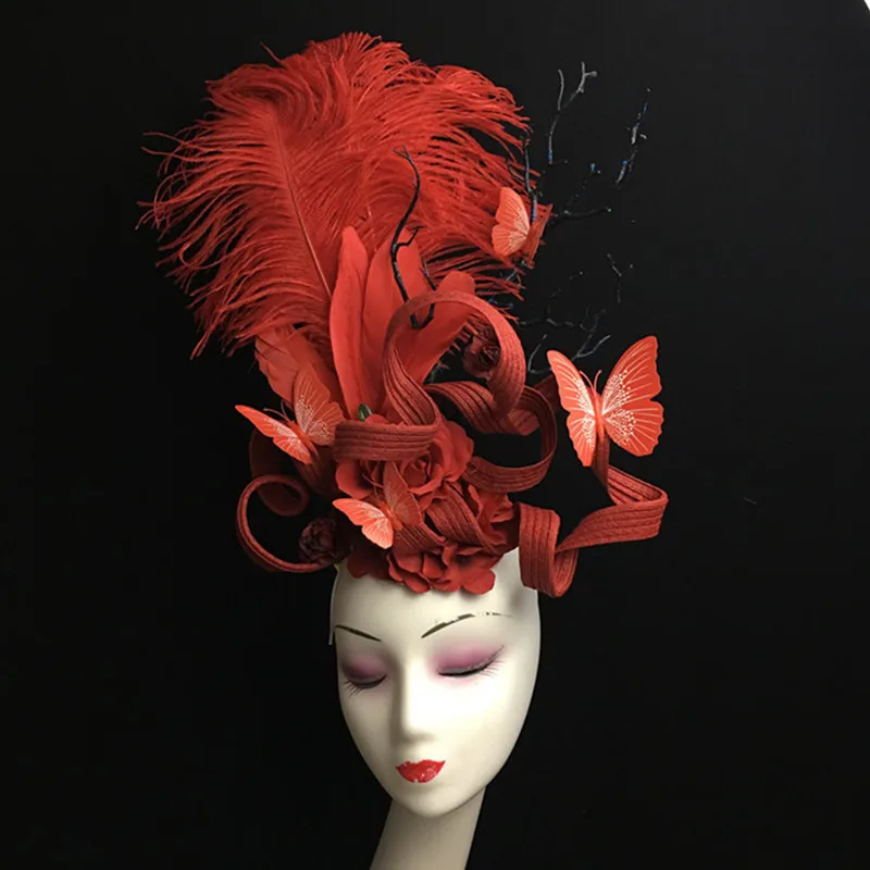 New Handmade Chinese Style Blue Feather Butterfly Tassel Headwear Stage Runway Makeup Creative Styling Headwear for Women