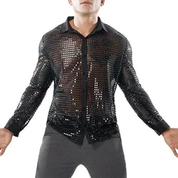 Mens Sparkly Sequins Party Dance Shirts Retro 70s Disco Nightclub Shirt Tops  Lapel Collar Long Sleeve Retro 70s Stage Shirt Men
