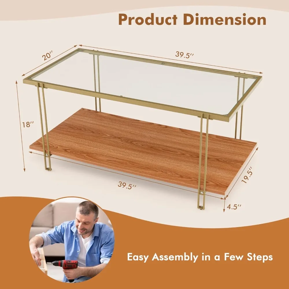 Glass Coffee Table, 40In Mid Century 2 Tier Rectangle Coffee Table, Tempered Glass Top & Wood Storage Shelf, Steel Frame