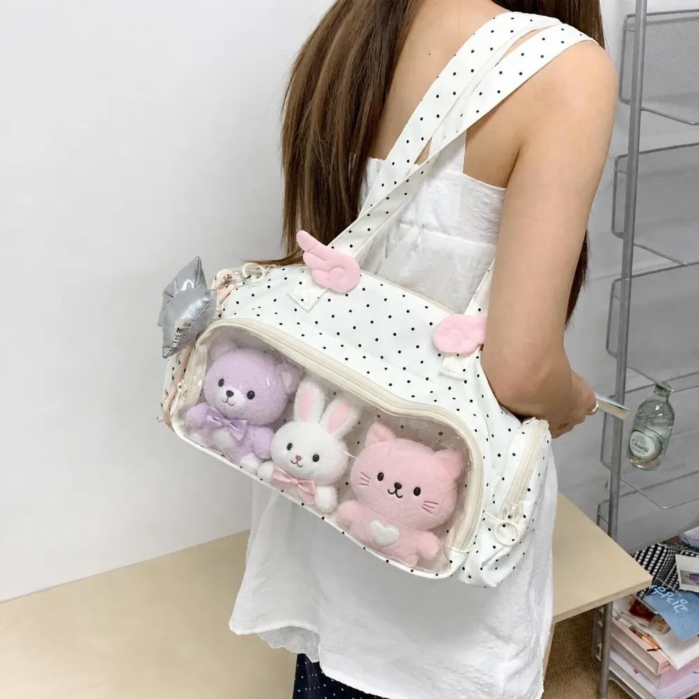 Sweet Polka Dot Shoulder Bag Clear Window Angel Wing Ornament Anime Convention Ita Bag Large Capacity Doll Carry Bag