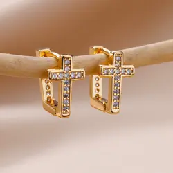 CZ Zircon Cross Hoop Earrings For Women Stainless Steel Hip Hop Punk Small Geometric Round Earrings Religion Jewelry Gift