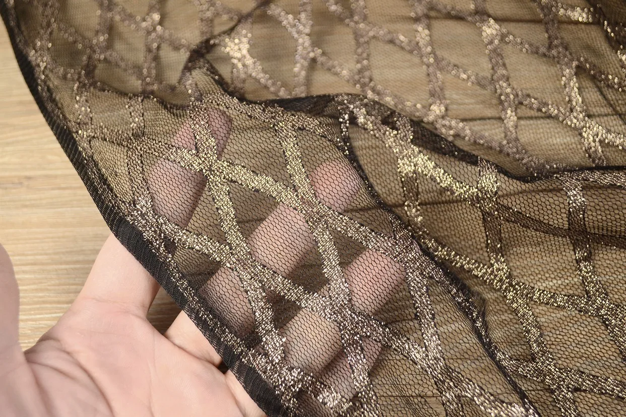 Gold Crinkles Pleated Mesh Fabric Embroidered Lace Fabric Mesh Fabric Appliqued Wedding Clothing Dressing Making Sold By Meter