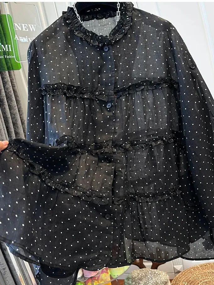 

plus Size Women's Summer Shirt Polka Dot Lightweight Folded Wood Ear Lace Summer Sun Protection Small Shirt Korean Style Loos...