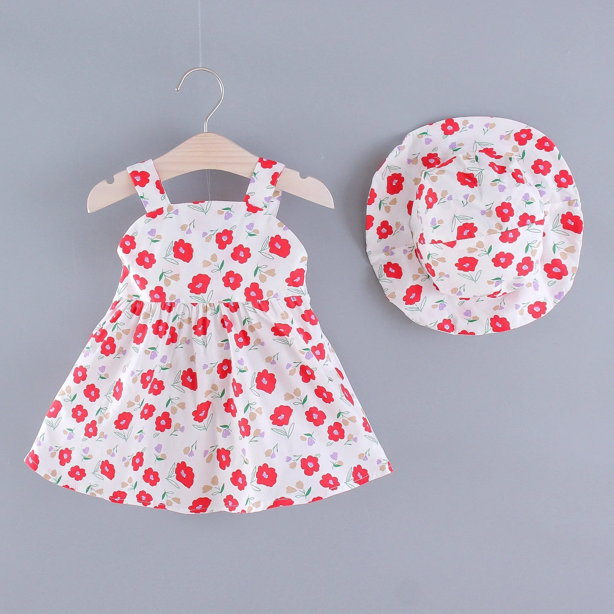 Girls' New Summer Dress Children's Small Flower Print Back Elastic Waist Solid Bow Princess Dress and Hat Two Piece Set
