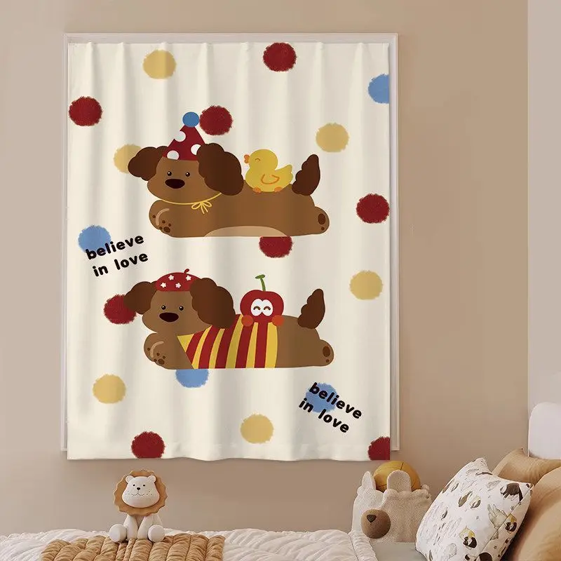 VIKAMA Cute Puppy Pom Pom Dot Print Kids Window Curtain Nursery Decorative Drape for Boys Girls Bedroom Hanging Decor