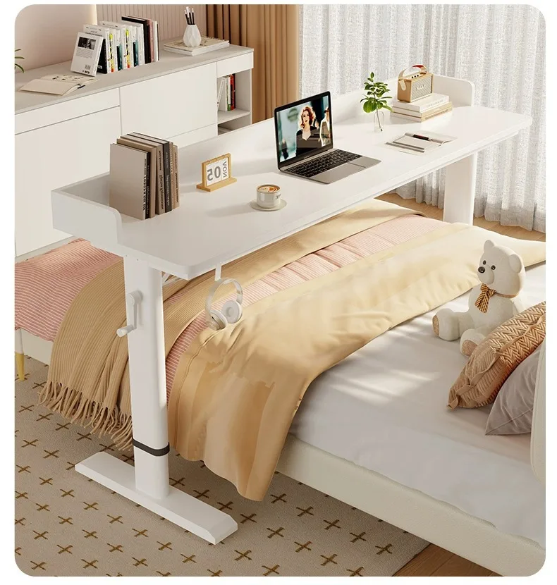 Solid Wood Hand Crank Overbed Table with Wheels, Adjustable Rolling Laptop Computer Desk for Bedroom