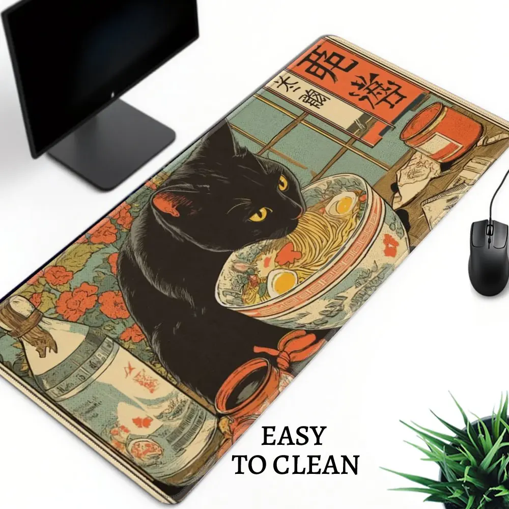 Japanese Ukiyo-e Black Cat Ramen Gaming Mouse Pad, Large Non-Slip Desk Mat with Vintage Style for Gamers Office