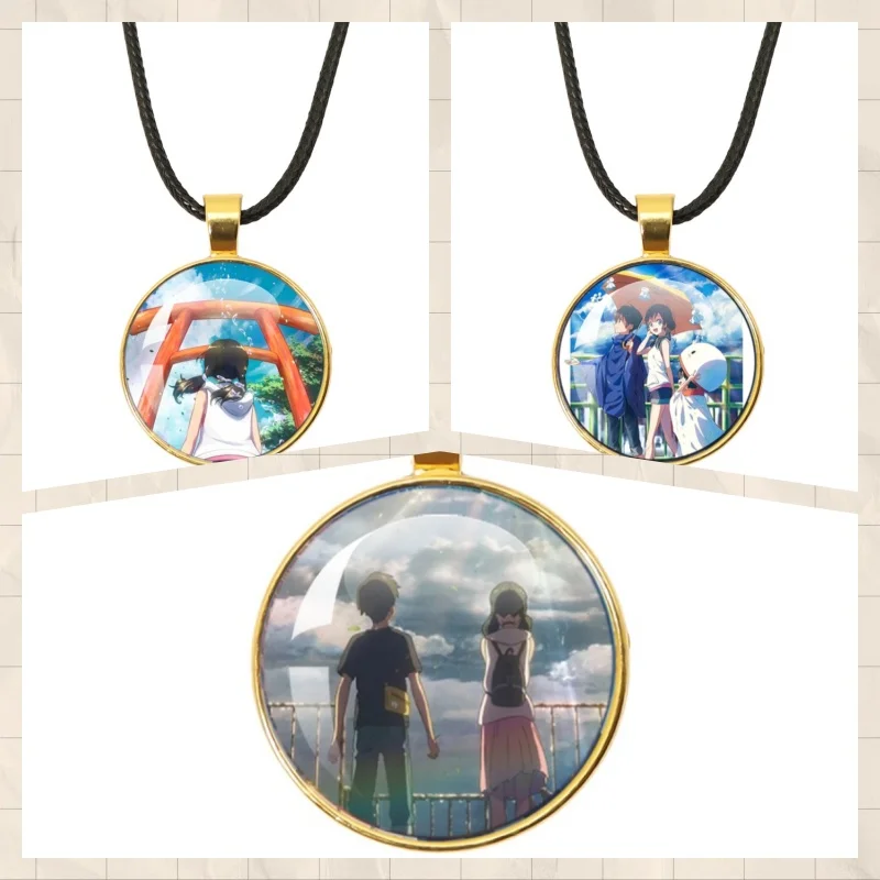 New Style Anime W-Weathering with you Character Hodaka and Hina 25mm Leather Necklace Glass Handmade Jewelry Gift