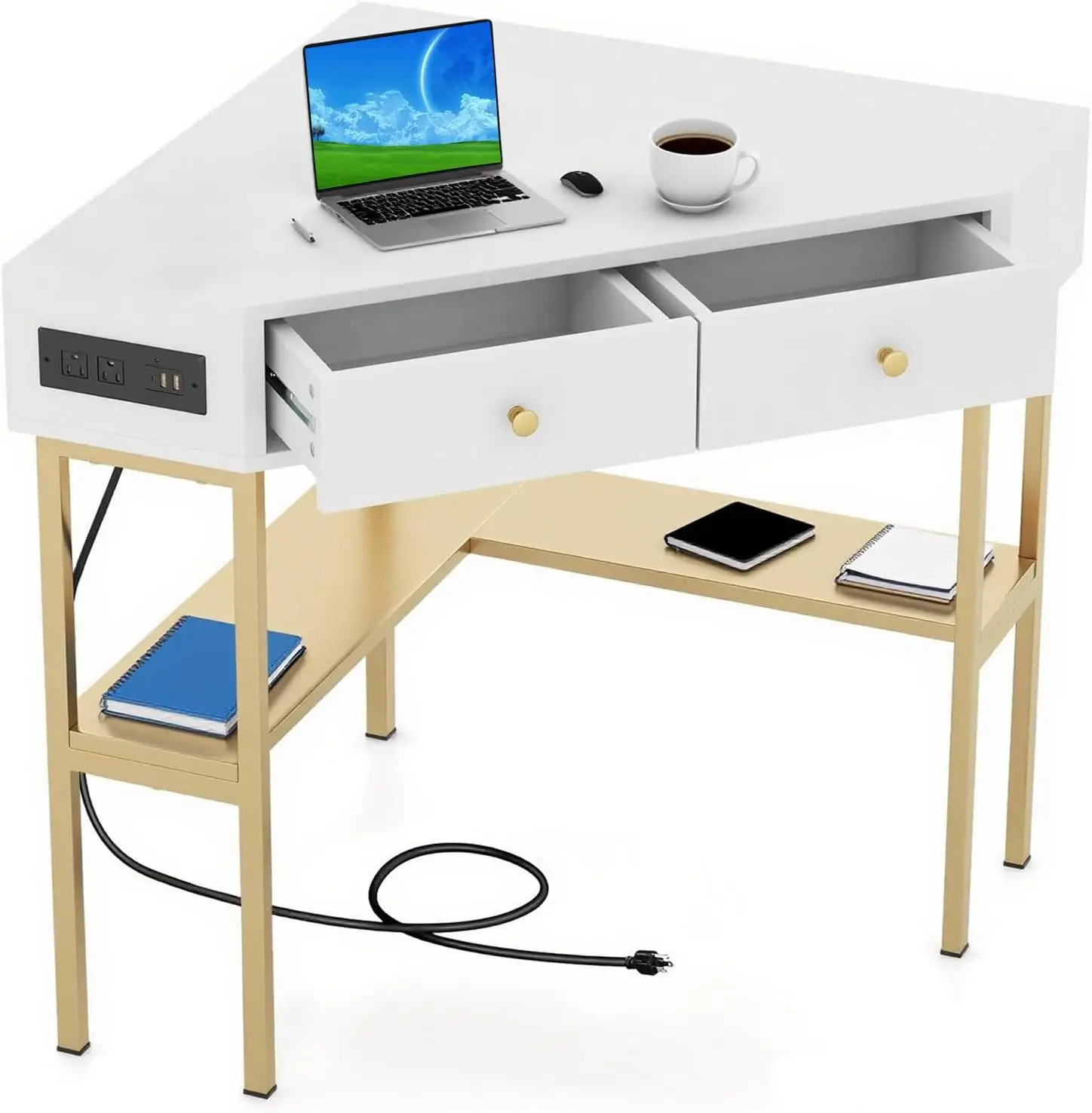 

Corner Desk with Charging Station & 2 Drawers, Space-Saving Makeup Vanity Triangle Computer Desk Workstation with Sto
